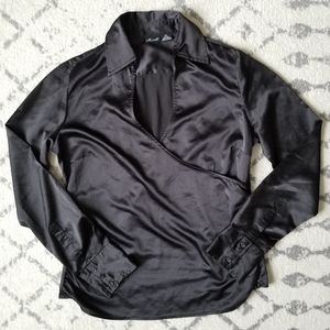 Willi Smith Satin Ruched Black Wrap Long Sleeve Blouse Sz M
